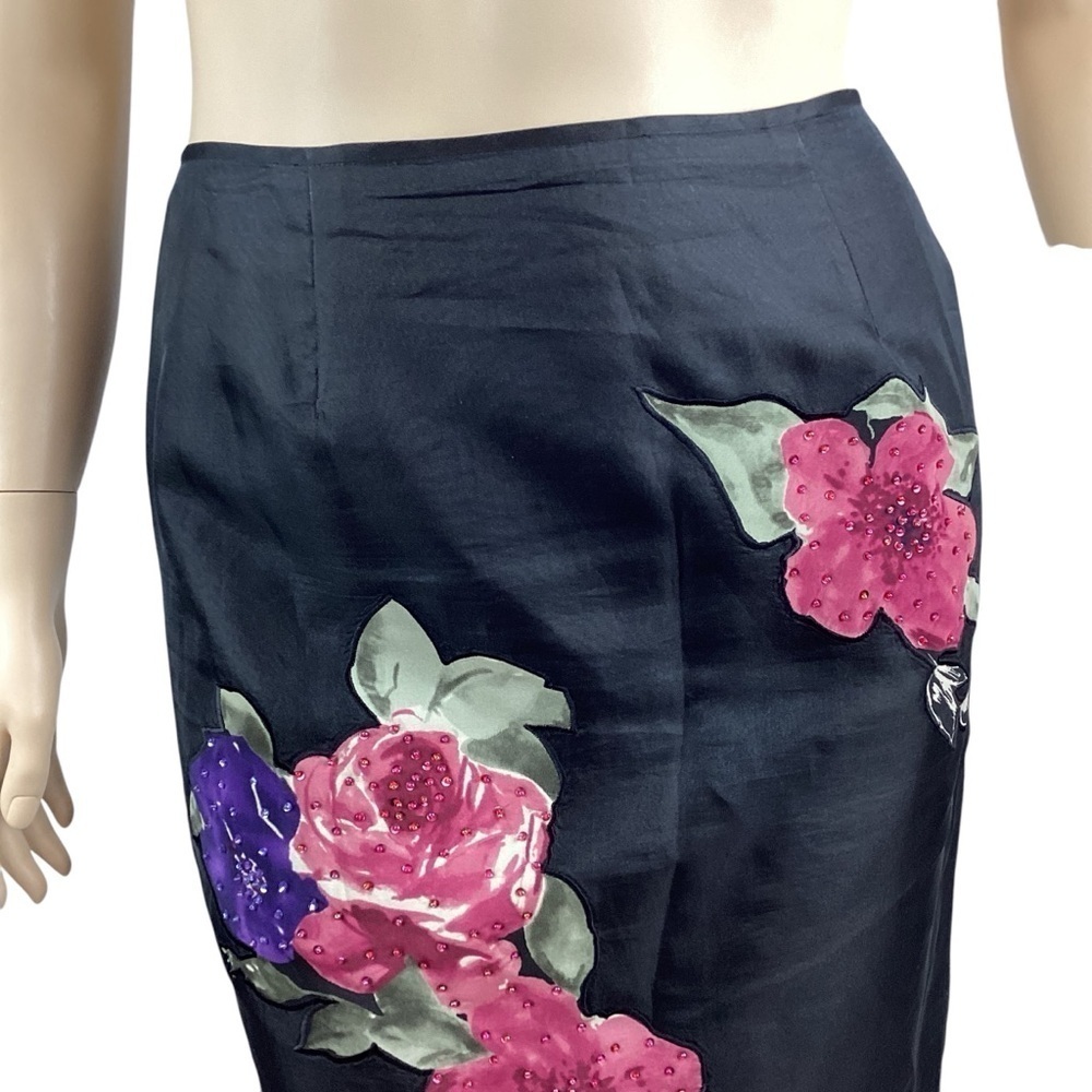 Vintage 100% Silk Floral Pencil Skirt Size 12 Black - Picture 2 of 6